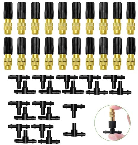 HUAZIZ 20 Piezas Pulverizador de Nebulización de Latón Ajustable, Aspersores Atomizadores, Boquilla Atomizadora de Cobre, con 20 Piezas T conector para Riego de Jardín Riego