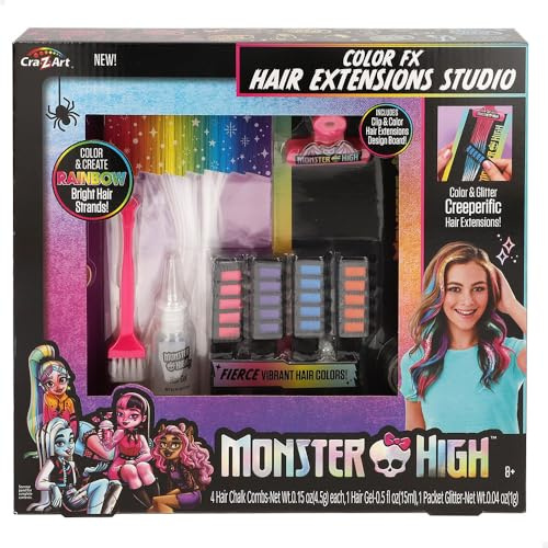 ColorBaby 47909 Monster High Set Extensiones de Cabello, Mechones Reutilizables, Mechas de Colores, con enganches, Tablero de diseño, Tizas de Colores, Purpurina, Pelo niña, +8 años