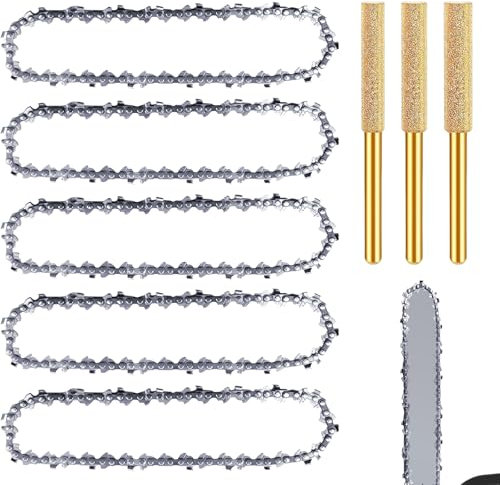 Sägeketten 6 Zoll Kettensäge Kette, 5 Stück Kettensägenketten Antriebsglieder, Universal Kette für Kettensäge Kompatibel mit allen 6 Mini Kettensägen Zimmerei mit 3 Stück Kettensägenschärfer