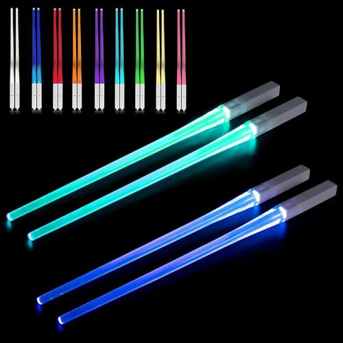 2 Paar Leuchtende Essstäbchen Lichtschwert Essstäbchen Lightsaber Chopsticks mit 9 Farbmodi BPA Frei Waschbare Wiederverwendbar Lebensmittelecht für Dinnerparty Sushi Besteck