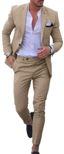 Conjunto de traje de lino para hombre, esmoquin casual, 2 piezas, blazer de ajuste regular, chaqueta y pantalones sólidos con un botón, para graduación, boda, fiesta, caqui, 64