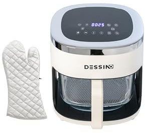 DESSINO Freidora de Aire Digital Sin Aceite 4,2L,Sin Precalentamiento y Desconexión Automática,Cesta de Cristal con Visión 360°,Pantalla Táctil,Capacidad 5-6 Raciones,6 programas,Limpieza Fácil,1300W