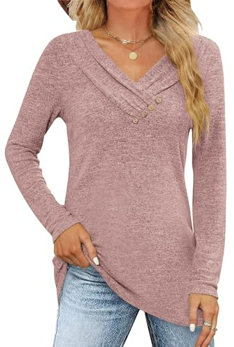 Fisoew Maglia da donna a maniche lunghe con scollo a V, Colore: rosa., XL