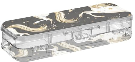BCFHRGT Estuche de plástico transparente con diseño de unicornios blancos y negros y dorados, estuche de doble cubierta transparente para suministros de papelería con tapa