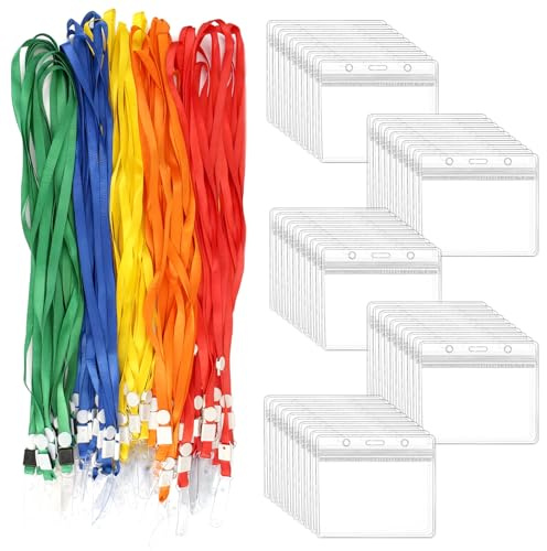 50 stycken omslag namnskylt med band, personliga kortfodral transparent | 9,7 × 8,2 cm ID-kortfodral med nyckelband, vattentät transparent ID-ficka, för affärer, utställning och kontor
