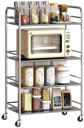 HOMCOM Carrello da Cucina a 4 Livelli con 2 Ripiani Regolabili e Bordi Rialzati, Carrello Cucina Salvaspazio in Acciaio Inox 201 con 4 Ruote e 2 Freni, 60x35x100 cm, Argento