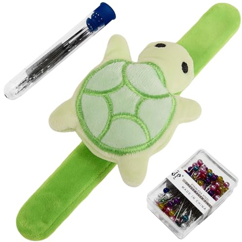 Turtle-Shaped Wrist Pin Cushion for Sewing, Snap Bracelet Wrist Bands Pincushion Organizer for Pins and Needles Include 80 Pearl Ballhead Pins and 18 Sewing Needles, Green