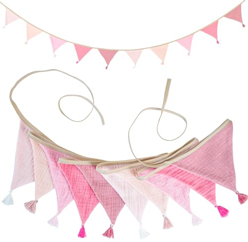 Guirlande de fanions pour chambre d'enfant - Rose - 2,6 m - En tissu - Avec pompons - Réutilisable - Décoration pour chambre d'enfant - Pour anniversaire, maison, camping