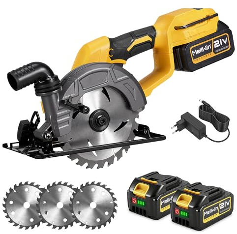 MELLWIN Scie circulaire sans fil 15 cm (6 pouces), sans balais, 7 200 tr/min, 2 batteries 4 000 mAh, profondeur de coupe en plongée : 55 mm, angle de coupe : 0-45°, 21 V, 3 lames de scie 16 dents