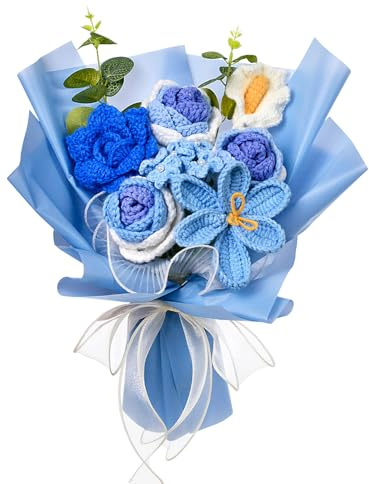 Wishwell Pop Gestrickter Blumenstrauß – Gestrickte Rose, Tulpe, Calla-Lilie für Muttertag, Vatertag, Geburtstag, Abschlussfeier, Geschenk für Mama, Papa, Freunde, Blau