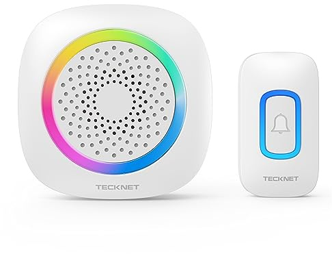 TECKNET Timbre Inalámbrico Funciona con Pilas, 400M Alcance RGB Timbre Inalámbrico Exterior Impermeable IP66, 5 Niveles de Volumen (0-110dB) y 60 Melodías para Hogar/Hotel/Oficina/Emergencia, etc