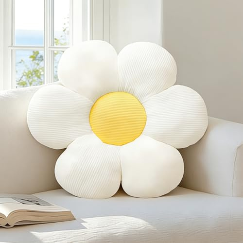 dellyy Dekokissen Blumen, Kissenbezug Weiß, Bodenkissen mit Füllung, Süße Blumen Kissen für Kinderzimmer, Aesthetic Kissen Deko für Wohnzimmer, Schlafzimmer, Büro, Sofa, Balkon (Weißgelb, 50CM)