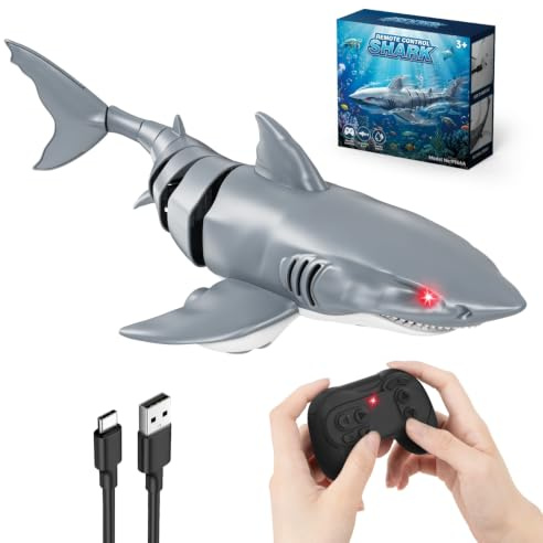 Tozinova Remote Control Shark Toy, 2.4 GHz Simulation Shark Toy Boat with LED Lights for Pools and Lakes, USB Direct Charging, Waterproof, 360°Rotate RC Shark Function for Kids Boys Girls 5 6 7 8 9