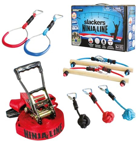 Slackers USA Ninja Line Starter Set, Excellent Complete Set of 11 Pieces, Usable as Slackline, Course of 11 meters, 7 Obstacles, Train as a Ninja, 980020