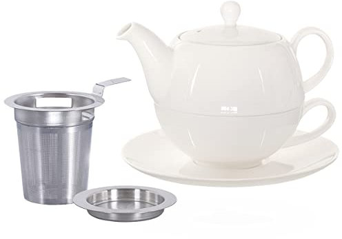 Buchensee Tea for One mit Sieb Lena 500ml aus Crystal Bone China Porzellan in weiß. Teekanne + Teetasse + Untersetzer + Sieb + Abtropfschale