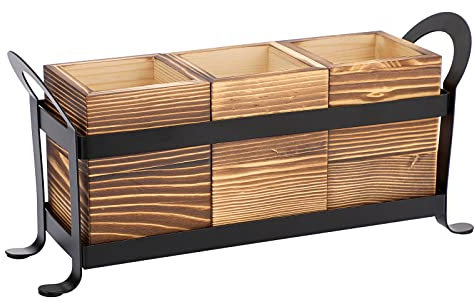 BTSKY Wooden Utensil Caddy Cutlery Holder with Metal Tray - 3 Compartment Flatware Organizers Utensil Crock Storage Box for Kitchen Countertop, Multi-functional Wooden Storage Organizers