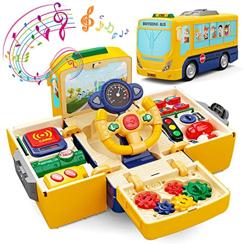 HONGTUO Schulbus Spielzeug mit Sound und Licht Simulation Lenkrad Fahren Spielzeug Kleinkinder Schulbus Spielzeug mit Musik Bildung Wissen Simulieren Schule Szenen Geschenk für 1-3-5 Jungen & Mädchen