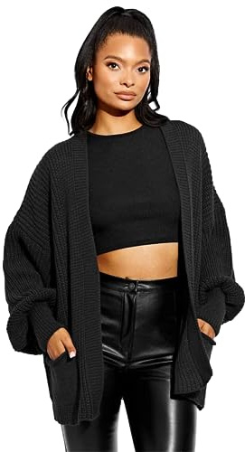 MMK® Women’s Knitted Slouchy Open Front Sweater Top - Ladies 2 Pockets Knit Oversized Balloon Sleeve Boyfriend Cardigan (Black, 16/18)