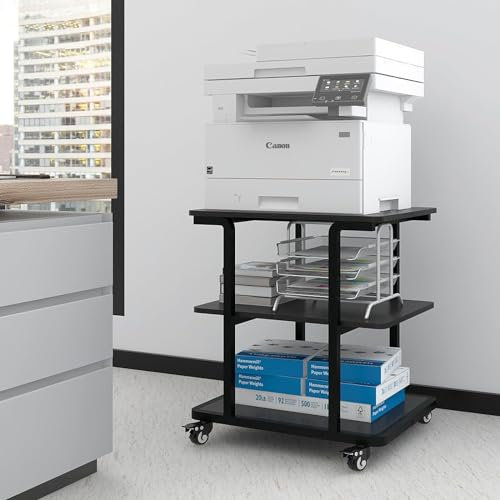PUNCIA 3-Tier Laser Printer Stand with Storage 60x50x67cm Large Printer Table on Wheels Under Desk Storage Trolley Heavy Duty Rolling Cart Movable Rack Fax Scanner Shelf for Home Office (Black)