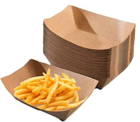 Vueinrg 50 Stück Pommesschale Pappe Currywurst Schale Pappschale Pommes Schalen Salat Schälchen für Fingerfood Schiffchen Snackschale Kraftkarton Schalen aus Recycelten Material (17,1 x 12,5 x 4 cm)