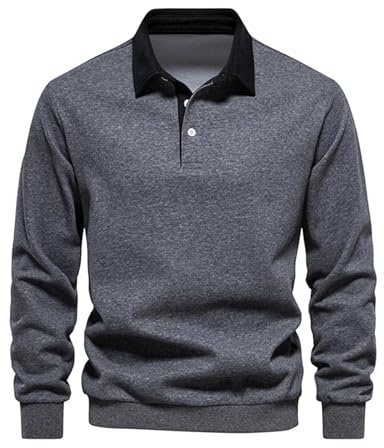 Btmpmcs Män pikétröja vardaglig långärmad t-shirt bomull golf polotröjor t-shirt topp enkel premium rugbytröja, Mörkgrått, L