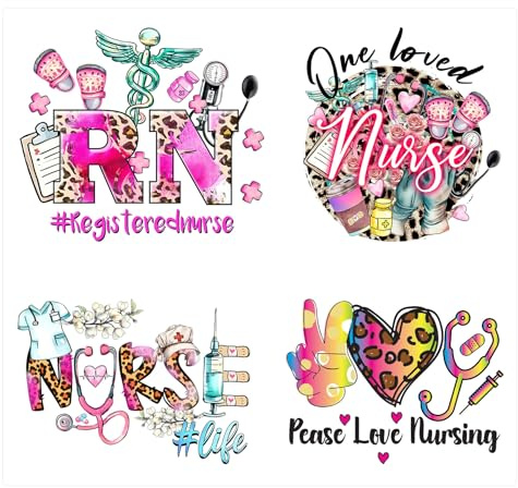 4pcs Nurse Life Iron on Transfers Heat Transfer Decals Iron on Transfers for T Shirts Patches Sticker for Clothes Pillow Covers DIY Appliques