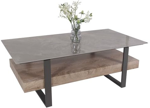 Mendler Couchtisch HWC-L88, Wohnzimmertisch Tisch, Ablage Eisen 43x120x60cm Sinterstein Marmor-Optik grau Holz grau-braun