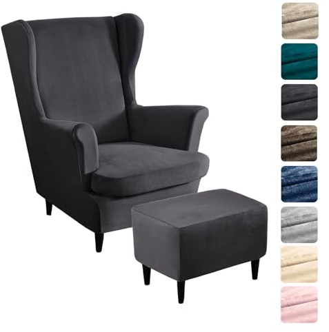Alishomtll 3 Teilig Ohrensessel Überzug Mit Ottomane Schonbezug Stretch Samt Sessel-Überwürfe Elastisch Einfarbig Sesselhusse Strandmon Tiger Stuhlbezug mit Armlehne Hohe Rückenlehne (Dunkelgrau)