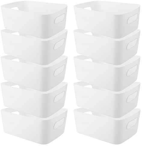YAYODS Lot de 10 Panier de Rangement en Plastique 25 x 16 x 10 cm - Organisateur de Maison avec Poignées - Boîte de Rangement Empilable Blanche pour Cuisine, Salle de Bain, Armoire et Bureau
