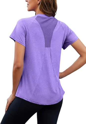 Nekosi Sportshirt Damen Kurzarm, Rundhals Back Mesh Sport Oberteile Damen, Elastisches leichtes atmungsaktives Funktionsshirt geeignet für Fitness Sports Lauf Yoga Lila L