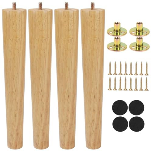 Zythrem Wooden Furniture Legs 30cm/12inch Solid Wooden Sofa Bed Legs Set of 4 Wood Chair Leg Straight Tapered Replacement Sofa Feet with Mounting Plate, M8 Screws and Anti-Slip Pads for Couch Table