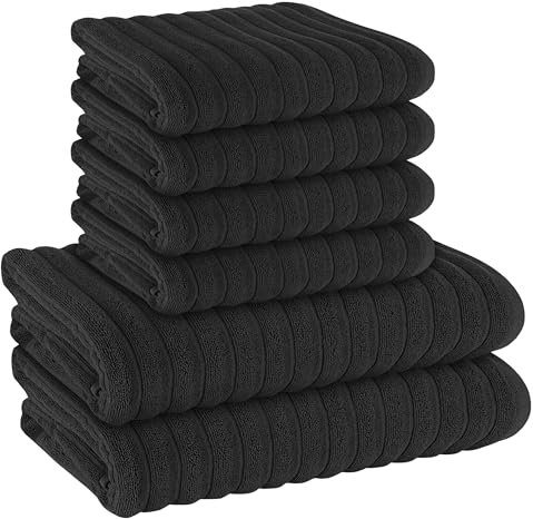 Olivia Rocco Ribbed Towel Bale Set 6 Piece Towels Sets 2 Bath Towels, 4 Hand Towels Quick Dry Cotton Hotel Quality Super Soft and Highly Absorbent (Black, 6 Piece Towel Bale)