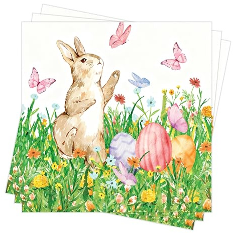 Lot de 40 serviettes avec de jolis lapins de Pâques et œufs de Pâques comme décoration de table. Une serviette à motifs. Convient également pour les coupes en papier et les serviettes de 16,5 x 16,5 x