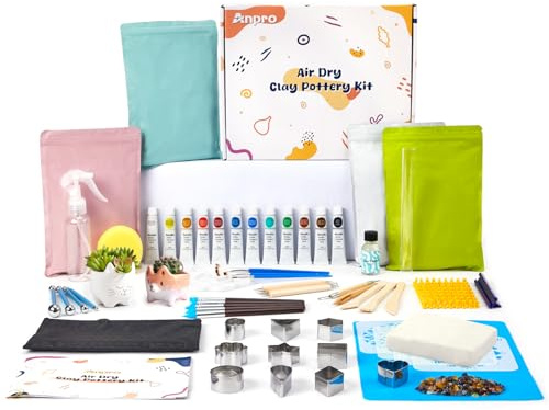 Anpro Lufttrocknendes Ton-Heimtöpferset für Erwachsene, 46-teiliges DIY-Tonset für Anfänger, Töpferton mit Werkzeugen, Farben, Pinseln, Anleitung, Glanzlack