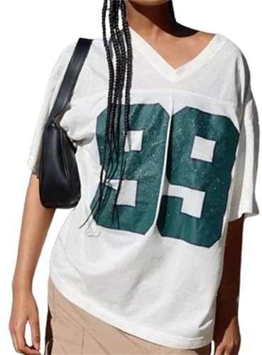 Women Oversized Jersey Shirts Y2k T Shirt Number Graphic Aesthetic Tee V Neck Short Sleeve Loose Fit Streetwear Top (B White, S)