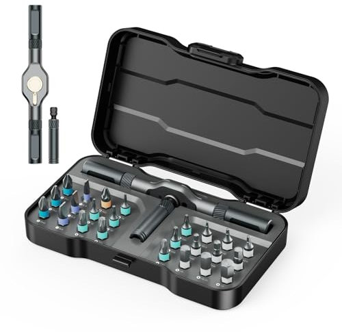 Ankilo Destornillador de trinquete con 24 puntas magnéticas, juego de puntas magnéticas manuales con mango de trinquete extraíble, juego de herramientas de reparación portátil para coches, ordenadores