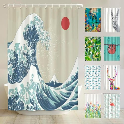 arteneur - Japan våg – anti-mögel duschdraperi 200 x 200 – återvunnen med Öko-Tex Standard 100 – viktad fåll, ogenomskinlig, vattentät, tvättbar, 12 ringar och e-bok