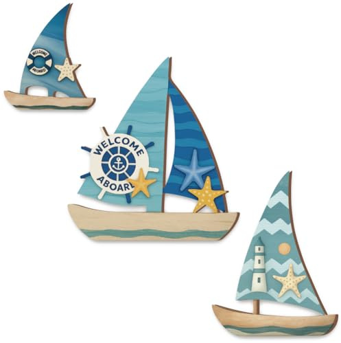 GOMAKERER 3 Pcs Wooden Sailboat Wall Art, Coastal Grandma Sailboat Wall Decor Beach Cottage Core Accents for Bedroom Bathroom Lake House