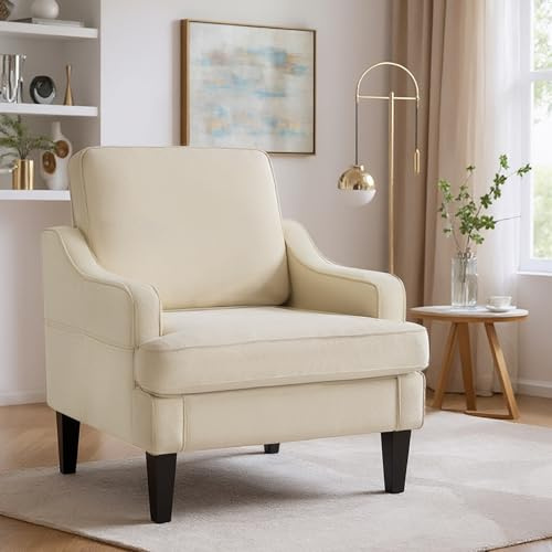 GAOHAPY Accent Chair for Living Room,Mid-Century Arm Chair Fabric Living Room Chairs,Upholstered Reading Chair for Bedroom,Single Sofa Chair with Wood Legs for Apartment (Beige)