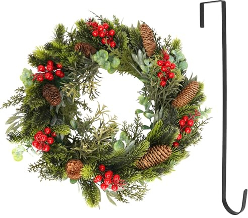 HOTOOLME Corona de Navidad Artificial de 45 cm con Gancho de Metal, Corona de Adviento y Corona de Puerta para Interior y Exterior, decoración navideña para Puerta de casa, Pared, Chimenea, Ventana