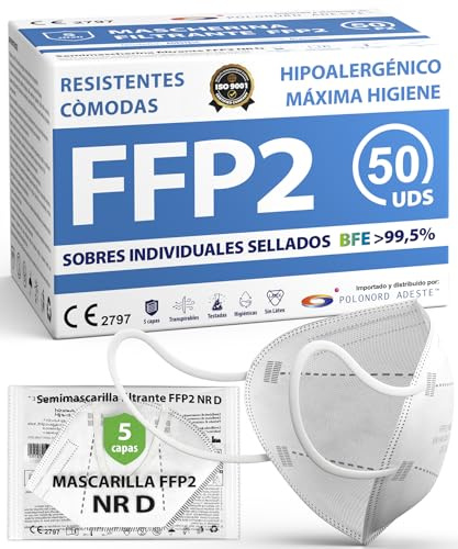 ADESTE – 50 Mascarillas FFP2 NR D Blancas con Certificado CE, cadena controlada, elásticos cómodos, hipoalergénicos y regulables. Seguras: potencia de filtrado BFE >99,5%. Sobres individuales sellados