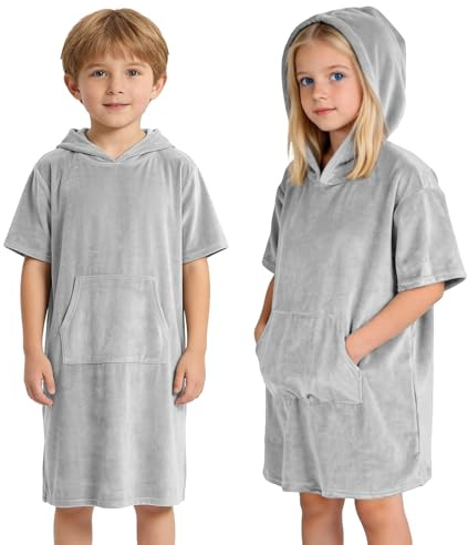 JORAKI Poncho de Baño Infantil de Rizo, Albornoz para Niños de Algodón, Toalla Poncho Ligera para Playa y Surf, Toalla con Capucha y Bolsillo para Niñas, Niños y Adolescentes (Gris carbón, 6-9 años)