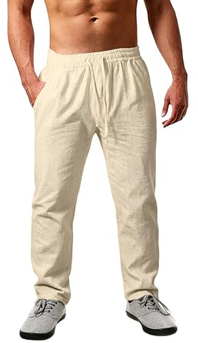 Cegerne Pantaloni in Lino Estivi Uomo Leggeri e Traspiranti, vestibilità Larga, Vita Elastica con Coulisse, Tinta Unita – Ideali per Estate, Vacanze e Spiaggia