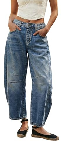 Generico Pantaloni Jeans Barrel Donna a Vita Alta con Gamba Larga, Modello Baggy Elastici alla Caviglia con Tasche