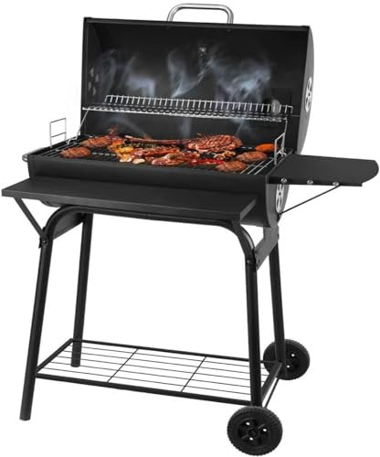 Affumicatore per barbecue con indicatore di temperatura, barbecue a barile a carbone, cottura all'aperto con ripiani laterali, griglia da giardino per campeggio e tailgating
