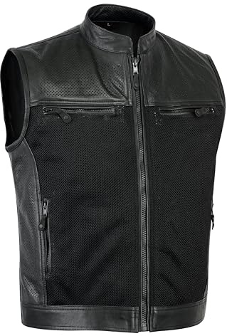 Leatherick Gilet nero da uomo in vera pelle resistente stile traforato, stile Super (2XL)