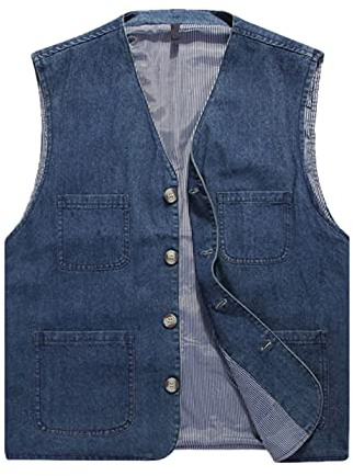 HangNiFang Men's Casual Denim Cotton Utility Vest Button Up Outdoor Pocketed Waistcoat(0185-Blue-XL)