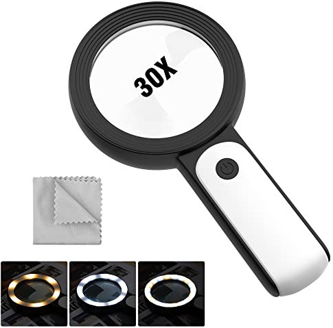 MoKo Loupe de Lecture Éclairante, Loupe 30X avec 18 LED Lumières à Main, Verre Grossissant avec 3 Modes d'Éclairage pour Lecture Observation Scientifique Loisir Malvoyant Personnes Âgées, Noir
