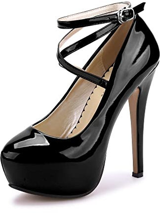 Womens High Heel Ankle Strap Platform Pump Wedding Evening Party Court Shoes PU Black Tag 35-UK 3