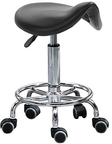 HOMCOM Sgabello con 5 Ruote, Sgabello Regolabile in Altezza, Seduta Ergonomica Imbottita in Gommapiuma, Design Moderno, Versatile, 36.5x37.5x51-66 cm, Nero
